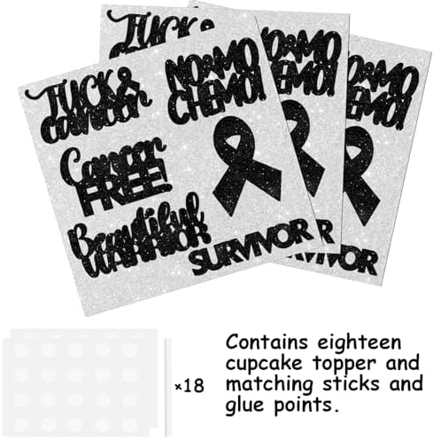 18pcs Black Glitter Dessert Cupcake Topper Cancer Chemo Free Survivor Warrior Theme Decor Supplies Breast Cancer Breast Care Awareness Birthday Party Decoration