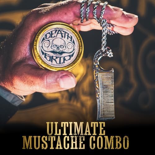 Mustache Wax Extra Strong Hold Death Grip 1 oz Tin & Necklace Death Grip Mustache Comb Mens Combo Kit - Grooming For Men Handlebar Moustache