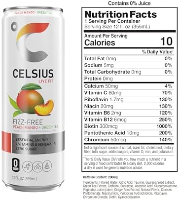 CELSIUS Fizz Free Peach Mango Green Tea, Sugar Free Energy Drink, 12 Fl Oz (Pack of 12)
