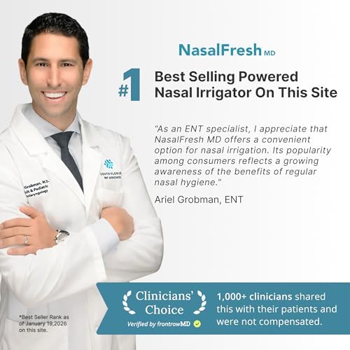 NASALFRESH MD Premium Bundle–Dual Powered Nasal Irrigation System Nasal Rinse and Wash, Sinus Decongestant Relief System, 60 Saline Packets, Case, Rechargeable, 2 Sets of Nose Pillows–Snoring Remedy