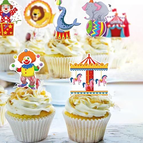 48Pcs Edible Circus Cupcake Toppers Wafer Paper Circus Animals Party Cake Toppers Picks Carnival Theme Baby Shower Kids Birthday Party Supplies