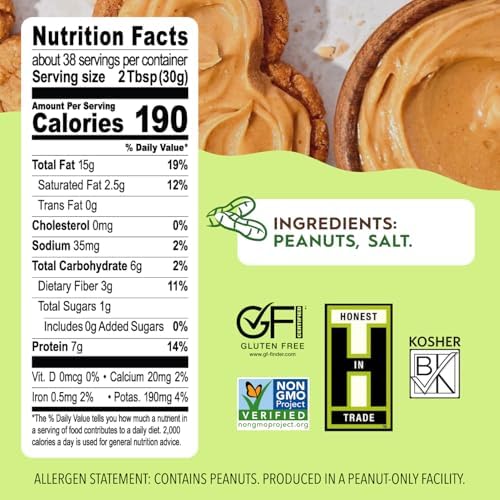 Once Again Creamy Natural Peanut Butter, Salted, No Sugar Added - Large 2.5 Pound Jar - Sugar Free Creamy Peanut Butter, No Palm Oil - Smooth and Unsweetened - 1 Jar (40 oz)