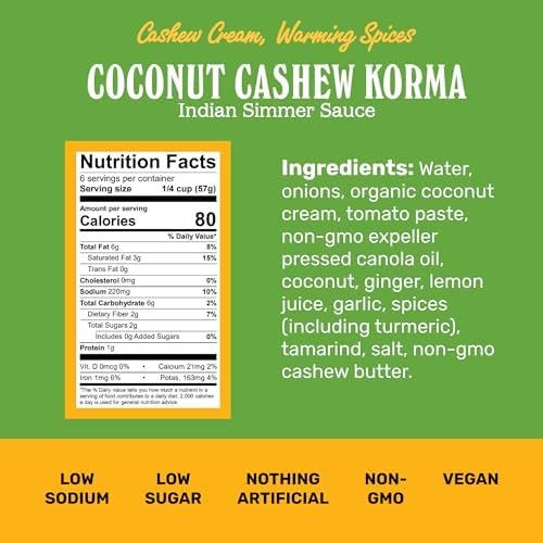 Brooklyn Delhi Coconut Cashew Korma - Indian Simmer Sauce with Cashew Cream and Warming Spices - 12 Ounces - Mild Enough for a kid, Flavorful Enough for a Foodie - Vegan - No Artificial Additives - Pack of 2