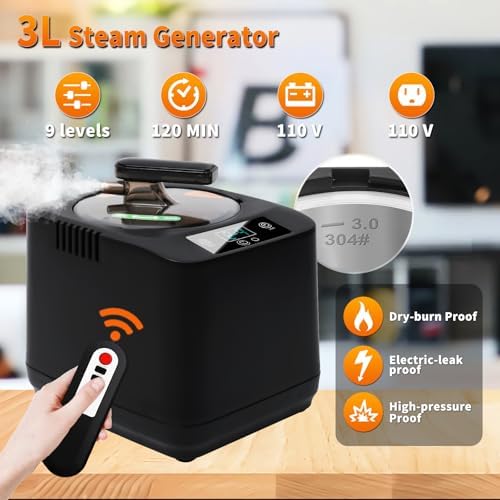 Portable Sauna Steamer Machine with Remote Control, 3L 1200W Upgrated Steam Generator for Sauna, 9 Levels, 120 MIN Timer, for Home Spa Sauna Accessories