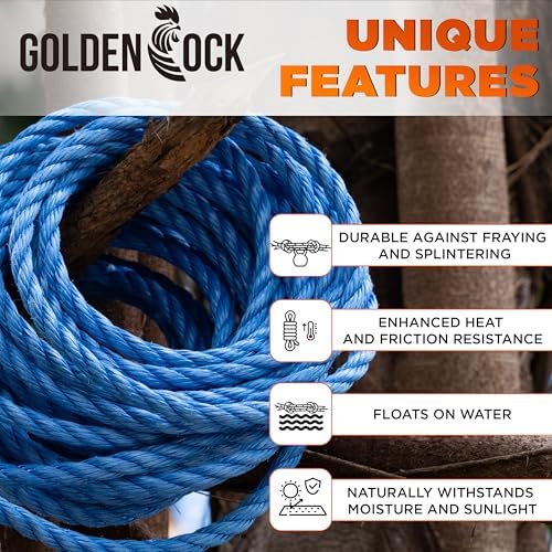 Heavy Duty PP/Polyester/Nylon Rope, Weather-Resistant & Waterproof Rope for Pool, Marine, Camping, Household Use, Construction & Rigging Applications (Blue, 1/4in X 98FT)