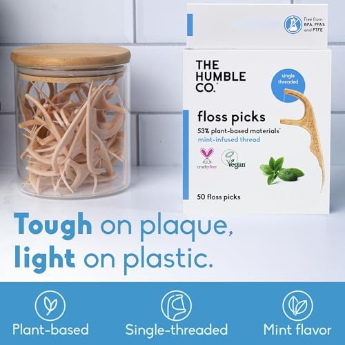 The Humble Co Dental Floss Picks for Teeth, 200 Count (Mint) - Single Thread Tooth Picks Flossers for Adults Gum Health - Plant-Based Toothpick Floss for Interdental Oral Care & Hygiene