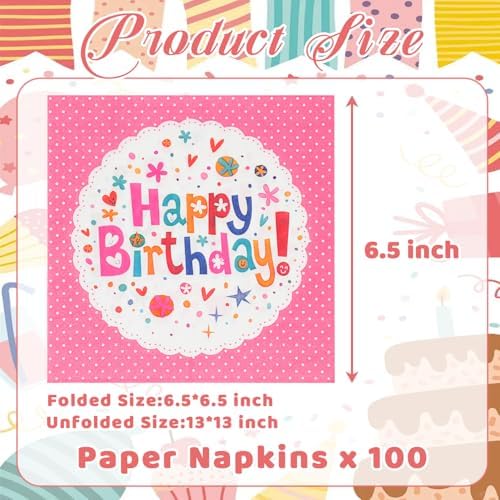 100 PCS Happy Birthday Paper Napkins, 13 x 13 Inches Pink Flowers Paper Napkins, 2-Ply Pink Disposable Decorative Hand Towels Napkins for Luncheon, Kids Birthday, Baby Shower Christmas Party Supplies