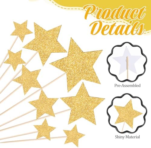 42 PCS Gold Star Cupcake Toppers, Glitter Twinkle Star Cake Picks, Wedding Engagement Baby Shower Birthday Party Cake Decorations Supplies, Mixed Size