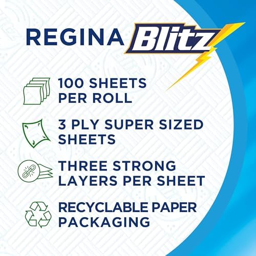 Regina Blitz Household Towels – 6 Rolls Per Pack, 3-ply Kitchen Roll, 100 Sheets Per Roll, Paper Packaging, FSC Certified Paper, Recyclable Packaging, Larger Than Standard Kitchen Roll Sheets