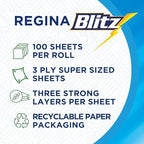 Regina Blitz Household Towels – 6 Rolls Per Pack, 3-ply Kitchen Roll, 100 Sheets Per Roll, Paper Packaging, FSC Certified Paper, Recyclable Packaging, Larger Than Standard Kitchen Roll Sheets