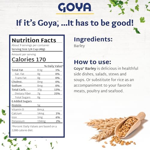 Dry Barley Grain by Goya, Pearl Barley, Pantry Staples, Cebada, Barley for Cooking, Cereal, and Soup, High in Fiber, Nutritious and Versatile, 16oz. Bag