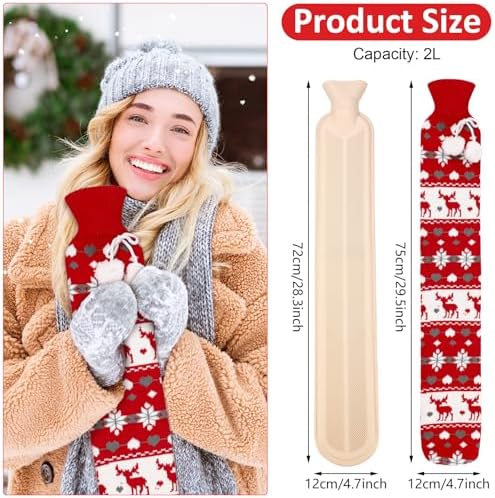 Hortsun 4 Pack Hot Water Bottle with Soft Cover 2 Liter Long Natural Rubber Hot Water Bag for Pain Relief Neck Shoulders Knee Feet Warmer and Cold Therapy, Thanksgiving Day Christmas New Year Gift