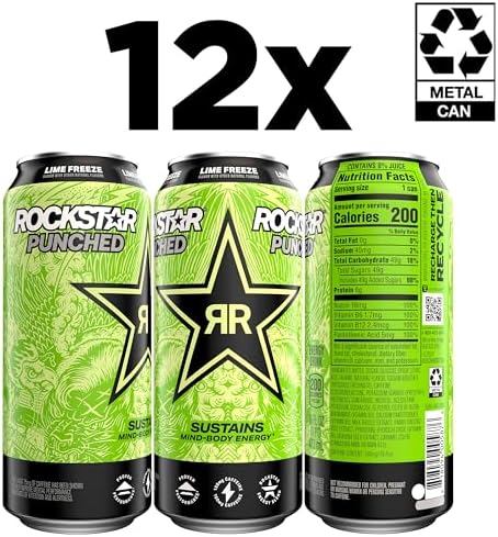Rockstar Punched Energy Drink, Lime Freeze, 16 Fl Oz Cans (Pack of 12)