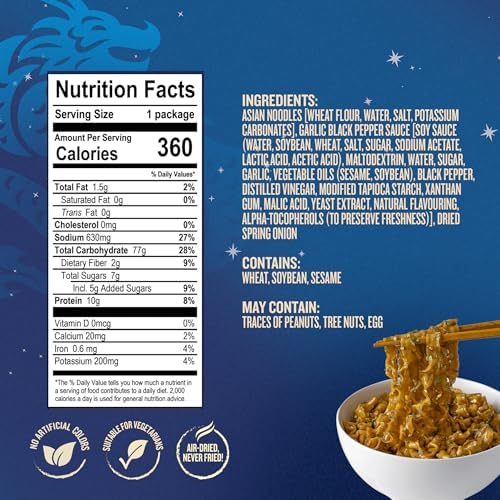 Blue Dragon Garlic & Black Pepper Saucy Noodles - 4.25oz (Pack of 3) - Knife Cut Air Dried Noodles w/Garlic & Black Pepper Sauce & Spring Onion Garnish - Quick & Easy Meal with Bold Asian Flavors