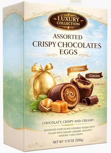 Luxury Collection Assorted Easter Eggs Hazelnut Cocoa Caramel Filled - 50 Individually Wrapped Crispy Eggs Treats Easter Hunt Basket Stuffer Filler Party Favor Deco Gift