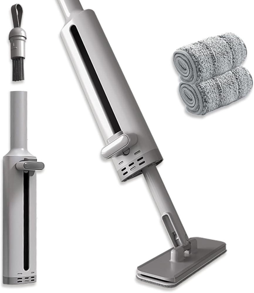 Portable Self-Squeeze Short Mop, Mini Lazy Hand Wash-Free Strong Absorbent Mop, Wet and Dry Use, Floor Cleaning System for Bathroom Kitchens Tableware Desktop Glass (Grey mop+ 2 Pads)