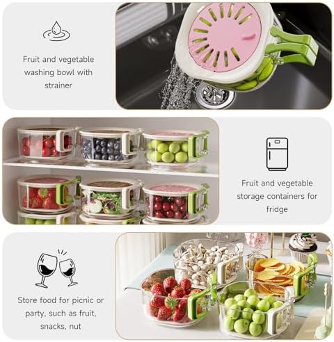 Fruit Vegetable Washing Bowl with Strainer, Berry Lettuce Keeper for Fridge Refrigerator Organization, Portable Colander for Kitchen Fridge, Drainer Container With Lid, 2 Pack (Pink)