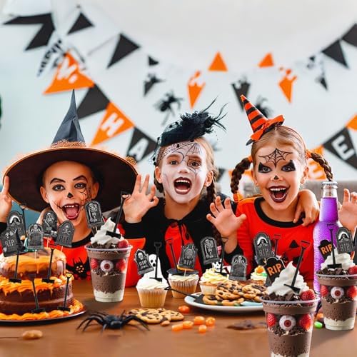 MEMOVAN Halloween Cupcake Toppers 48PCS Tombstones Cupcake Picks with Novelty Mini Shovel Spoons Graveyard Cake Topper Picks Scary Gravestone Skeleton Cupcake Decoration for Halloween Birthday Party