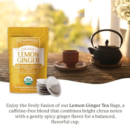 Starwest Botanicals Organic Lemon Ginger Tea - Caffeine Free Herbal Blend, Lemongrass, Ginger Root, & Peppermint Leaf, String Free Sachets, Non GMO - 20 Bags