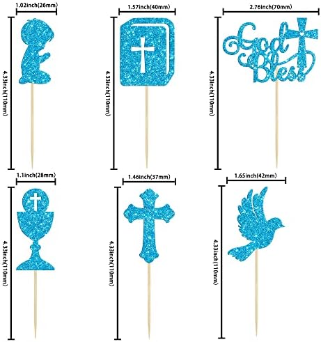 Gyufise 24Pcs Boy God Bless Cupcake Toppers Glitter Dove Chalice Bible Cross Cupcake Picks First Communion Christian Baptism Theme Baby Shower Boys Birthday Party Cake Decorations Supplies Blue