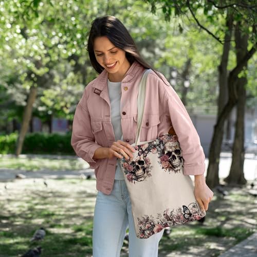 ATHAND Floral Skull Bag,Sugar Skull Gifts for Women,Reusable Canvas Tote Bag for Groceries,Beach,Day Of The Dead Gifts