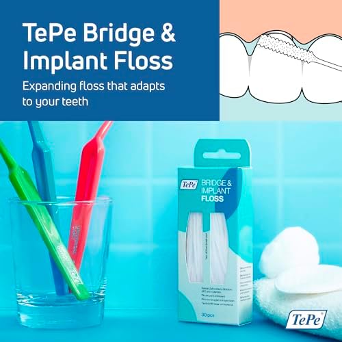 TePe Bridge and Implant Floss for Dental Implants, Bridges, and Braces, Dental Flossers, 30 Pieces
