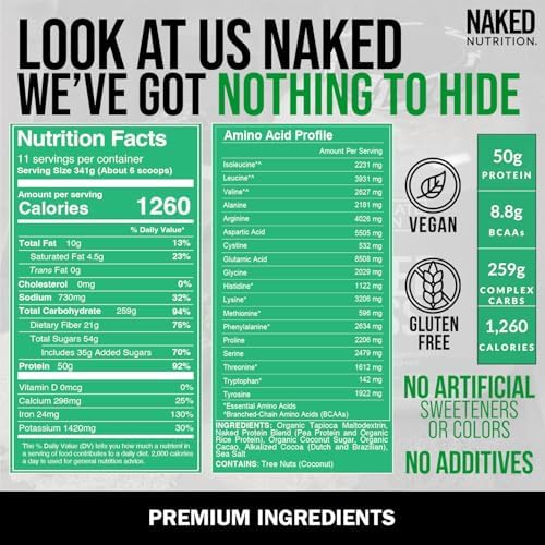 NAKED Vegan Mass - Double Chocolate Weight Gainer - 1,260 Calories, 50G Protein, Nothing Artificial, All Natural Chocolate Protein Powder, Non-GMO, Soy & Gluten Free - 8LB Bulk - 11 Servings