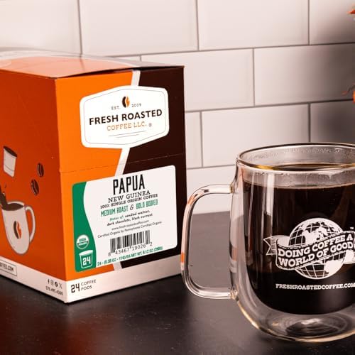 Fresh Roasted Coffee, Organic Papua New Guinea | USDA Organic, 100% Single Origin, Kosher | Medium Roast 24 Pods for K Cup Brewers