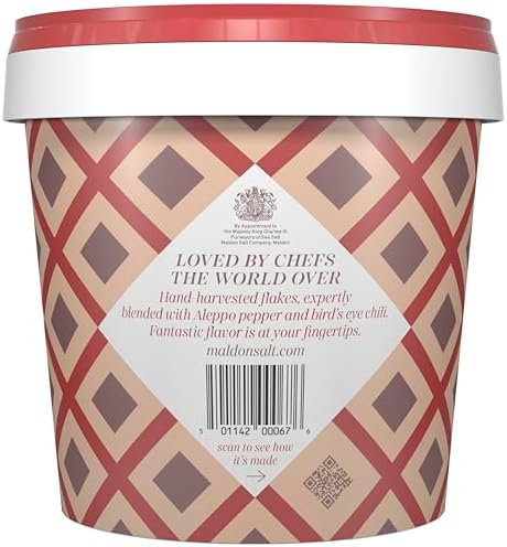 Maldon Chili Sea Salt with Aleppo & Bird’s Eye Chilies, Perfect for a Wide Range of Dishes, Fantastic Burst of Flavor, Pyramid-Shaped Flakes - 1.1lb Tub