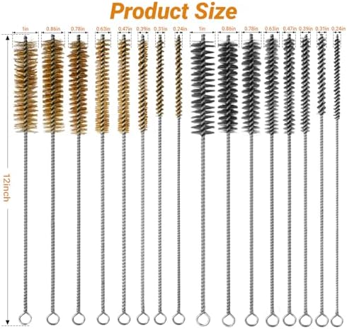 RAWILL 16Pcs Tube Cleaning Brush, Brass Stainless Steel Engine Cleaning Brushes, 12 Inch Long Round Wire Pipe Cleaner for Deep Pipes, Auto Parts, Engine Parts, 8 Sizes