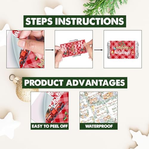 arricraft 120 Pcs Merry Christmas Mini Candy Bar Wrappers, Red Plaid Elk Xmas Tree Chocolate Bar Label Stickers Self Adhesive Stickers for Christmas Winter Holiday Party Favors(No Candy)