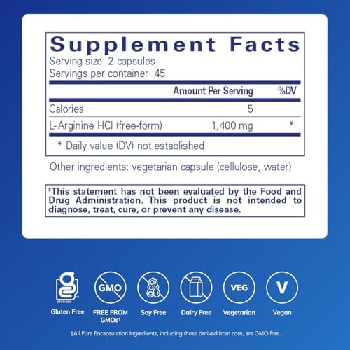 Pure Encapsulations L-Arginine - 1,400 mg - Support Nitric Oxide Production - Heart Health & Blood Flow - Gluten Free & Non-GMO - 90 Capsules