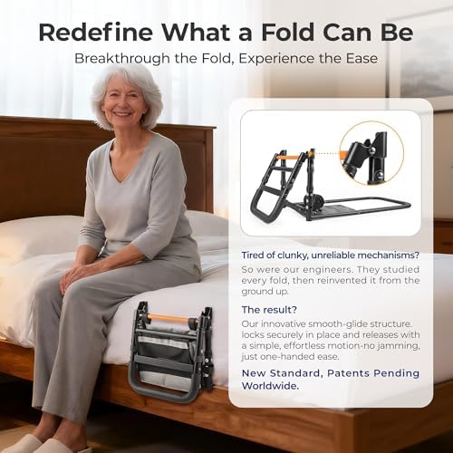 C1 Fold Pro Bed Rails for Elderly Adults Safety - Bed Cane Assist Rail for Seniors with Activated Light Adjustable Height