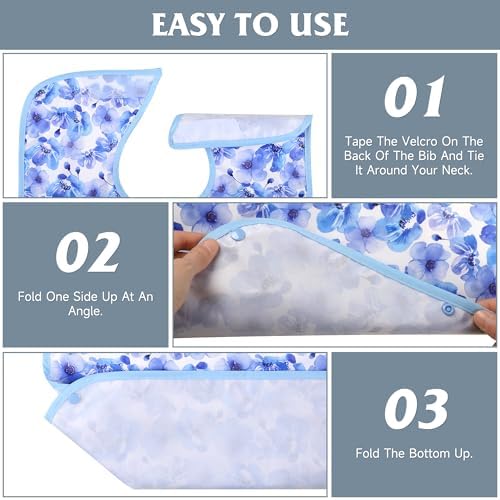 4 Pack Adult Bibs for Women, Reusable Waterproof Large Feeding Adult Bibs, Eating Cloth for Elderly Seniors and Disabled, Blue Flower