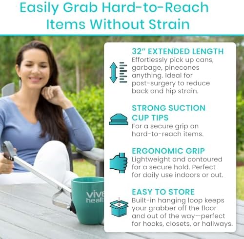Vive Suction Cup Grabber Reacher 32" (2 Pack) - Elderly Grab It Reaching Pickup Tool Heavy Duty for Seniors - Trash, Sticks, Litter Picker Upper - Extra Long Reach Handle & Handy Extension Arm Claw