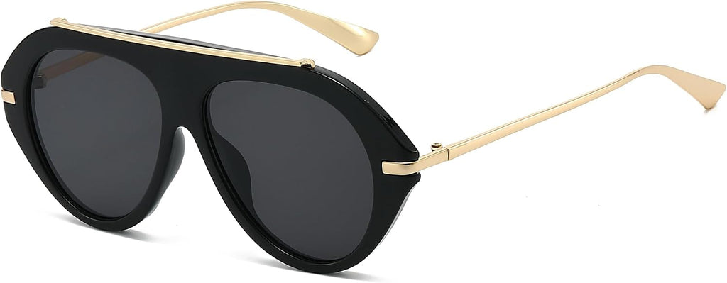Long Keeper Oversized Pilot Sunglasses - Women Men Retro 70s Gold Square Sunglasses Trendy Flat Top Glasses Sunnies UV400