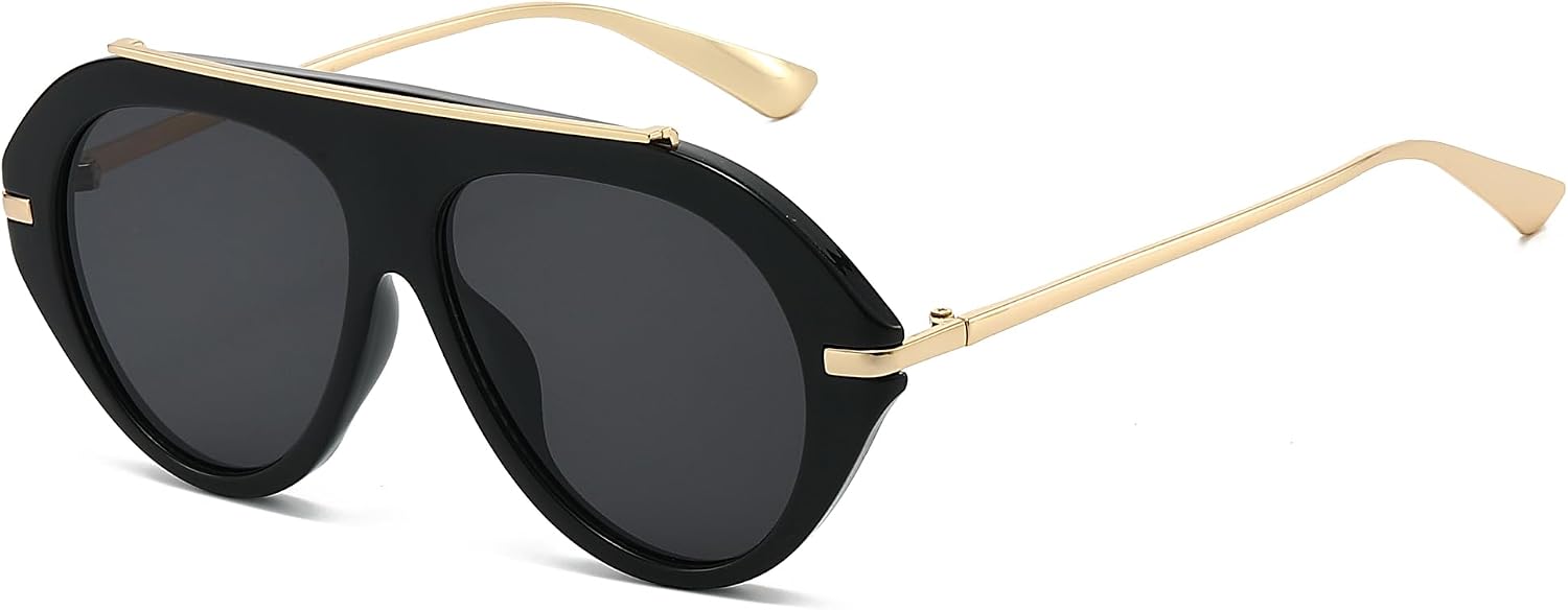 Long Keeper Oversized Pilot Sunglasses - Women Men Retro 70s Gold Square Sunglasses Trendy Flat Top Glasses Sunnies UV400