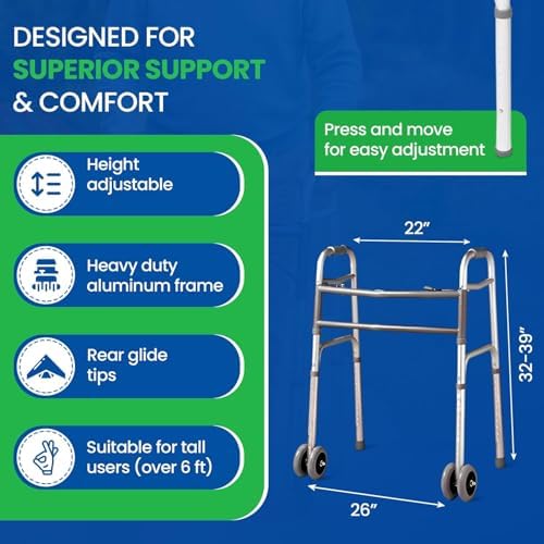 Bariatric Heavy-Duty Folding Walker with Wheels for Seniors, Adults, Extra Wide Front Wheel Walker (2 5-Inch Wheels), and Free 2 Pairs of Rear Glides Heavy Duty Sizes. Sized for Adults up to 450 lbs