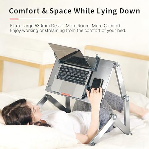 Large Bed Desk for Laptop - Adjustable Height, Foldable Computer Desk | Lying Down Laptop Stand for Bed, Couch,with Adjustable Mouse Pad (Silver)