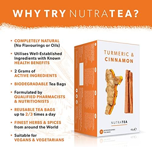 Nutra Tea Turmeric & Cinnamon Tea | Turmeric Tea - 120 Individually Wrapped Bags - Herbal Infusion (6 Pack)