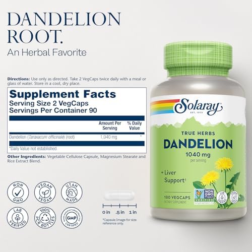SOLARAY Dandelion Root Supplement - Healthy Kidney and Liver Support - 1,040 mg per Serving - Vegan, Lab Verified, 60-Day Guarantee - 90 Servings, 180 VegCaps