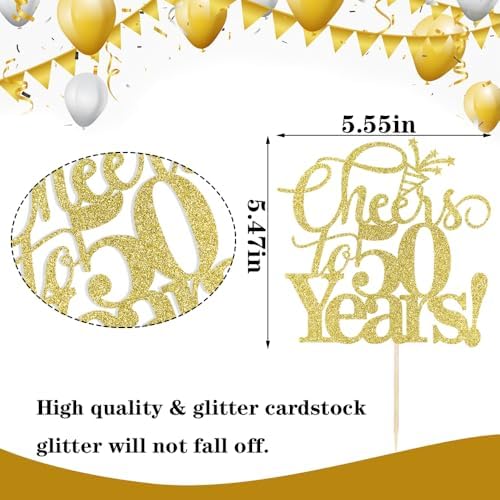 Gold Glitter Cheers to 50 years Cake topper, Happy 50th Birthday Cake Decorations,Perfect for 50 Years Cake Decorating,Wedding/Anniversary Party Decorating supplies