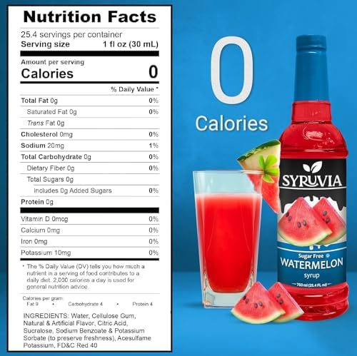 Syruvia Sugar-Free Watermelon Syrup, Flavored Syrup for Drinks, Cocktails, Lemonades, Iced Teas, and Desserts – 25.4 fl oz