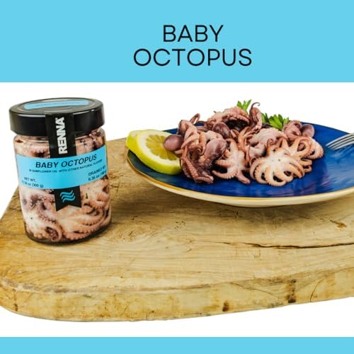 Renna, Baby Octopus, Small Octopus preserved in oil (10.58 oz), Premium Imported Seafood, Mediterranean flavor, Product of Italy