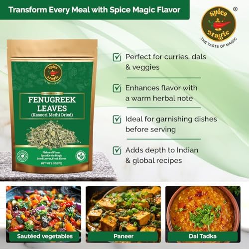 Spice Magic Fenugreek Leaves 2 oz (57g) | All-Natural Dried Methi | Aromatic Herb for Curries, Vegetables, Soups & Blends.