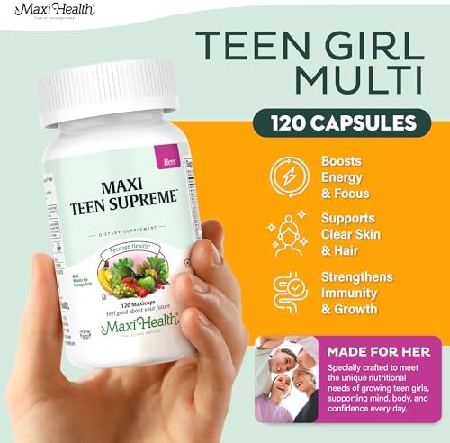 Maxi Health Teen Vitamins for Girls 12-17 - Teen Multivitamin D3, Iron, Calcium, Biotin, Zinc, Digestive Enzymes – Teenager Girl Multi Vitamins for Healthy Skin, Immune & Mood Support – 120 Count