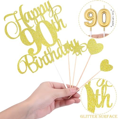 90th Birthday Cake Decorations Set Include 90th Birthday Candles Numeral 90 Cake Candles and Happy 90th Birthday Cake Toppers with Heart Star Cupcake Picks for Birthday Party (Gold Series)