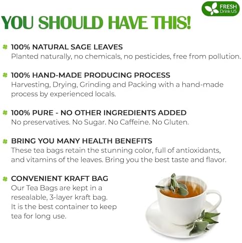 FreshDrinkUS, Premium 75 Sage Leaf Tea Bags, 100% Natural & Pure from Sage Leaves. Loose Leaf Herbal Tea. Made with Natural Material Tea Bags. No Sugar, No Caffeine, No Gluten, Vegan.