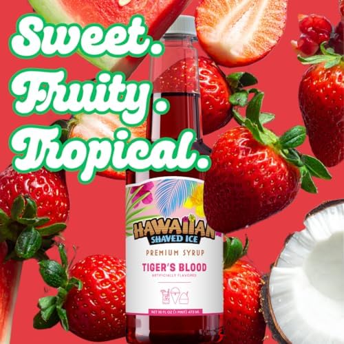 Hawaiian Shaved Ice Syrup Pint, Tiger's Blood Flavor, Great For Slushies, Italian Soda, Popsicles, No Refrigeration Needed, Contains No Nuts, Soy, Wheat, Dairy, Starch, Flour, or Egg Products