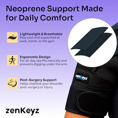 ZENKEYZ Shoulder Brace for Men & Women - Size XS/S (Chest 24-30") - Black Neoprene Compression Sleeve with Adjustable Strap - Stability Support for Rotator Cuff Area & Joint - Integrated Ice/Heat Pocket - Supportive Fit for Smaller Frames